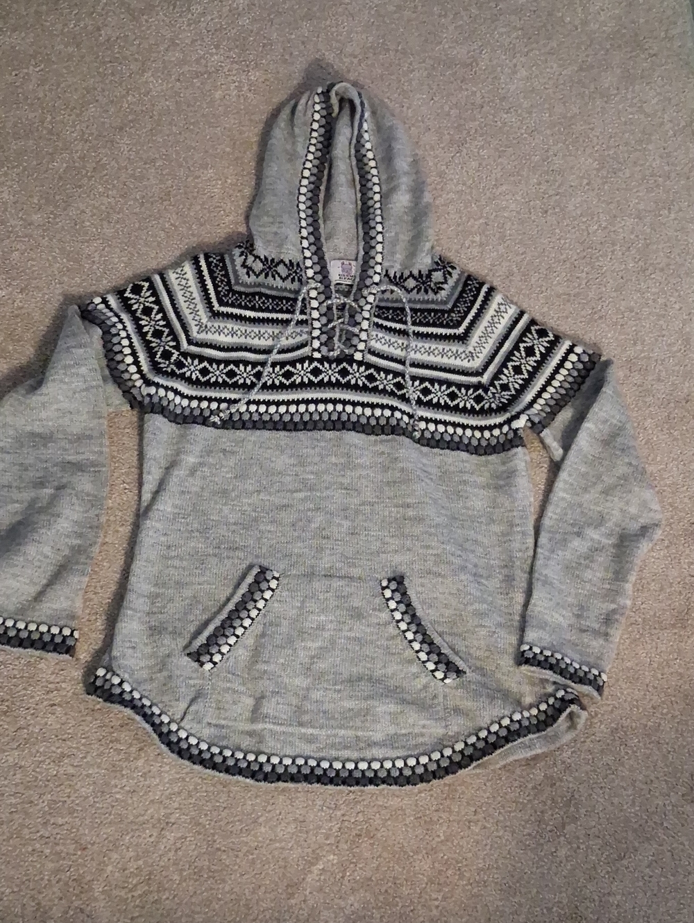 Kiss My Alpaca Grey/White Hooded Pullover Sweater Made In Peru. Women's (L)